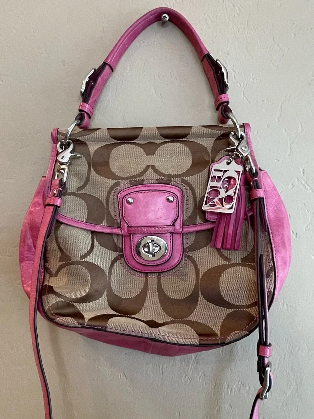Coach Pink 70th anniversary Signature Canvas leather Crossbody Stripe Lining